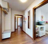 Der Flur in der 3-Zimmer-Wohnung mit einem Boden in Holzoptik und geräumigen Türen.