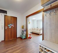 Flur in einer 3-Zimmer-Wohnung mit Holzboden und Einbauschrank.