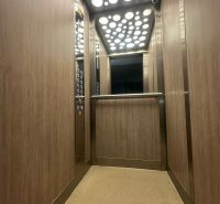Der Innenraum des Aufzugs in einer 2-Zimmer-Wohnung mit Holzdekor an den Wänden.