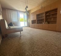 Wohnzimmer in einer Zweizimmerwohnung mit offenen Balkontüren und Retro-Möbeln.