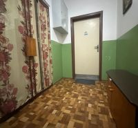 Flur einer 2-Zimmer-Wohnung mit Holzboden und Blumenvorhängen.