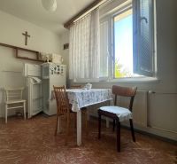 Esszimmer in einer 2-Zimmer-Wohnung mit Küchentisch, Kühlschrank und großem Fenster.
