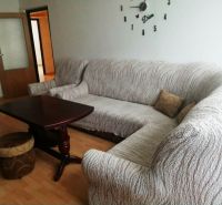 Wohnzimmer in einer 3-Zimmer-Wohnung mit einer Eckcouch und einem Boden in Holzoptik.