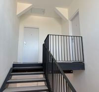 Treppe mit Metallgeländer in einer 2-Zimmer-Wohnung, minimalistischer Stil.