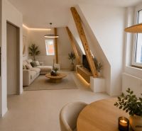 Heller Wohnbereich in einer 2-Zimmer-Wohnung mit Dachfenstern und Holzelementen.