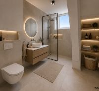 Badezimmer mit Duschkabine, Waschbecken auf einem Schrank und rundem Spiegel in einer 2-Zimmer-Wohnung.