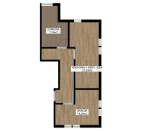Grundriss einer 2-Zimmer-Wohnung mit Schlafzimmer, Küche und Wohnzimmer, Boden mit Holzdekor.