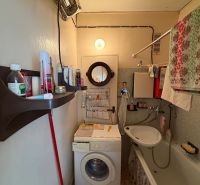 Badezimmer in einer 2-Zimmer-Wohnung mit Dusche, Waschbecken und Waschmaschine.