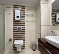 Badezimmer mit Dusche, Waschbecken und Toilette, Besondere Immobilien.