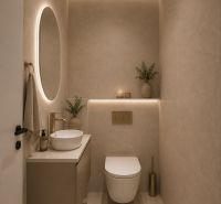 Minimalistisches Badezimmer mit rundem Spiegel und versteckter Beleuchtung, Einfamilienhaus.