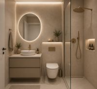 Badezimmer mit Waschbecken, Spiegel und Duschkabine im Einfamilienhaus.