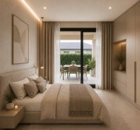 Schlafzimmer im Einfamilienhaus mit Bett, Teppich und Blick auf die Terrasse.