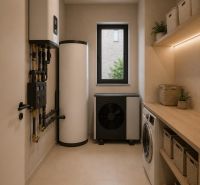 Waschküche in einem Einfamilienhaus mit Waschmaschine und Wasserbehälter.