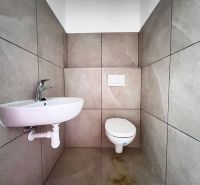 Toilette mit Waschbecken, neutrale Fliesen, Geschäftsräume.