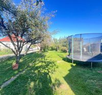Garten in Žirany, Bezirk Nitra, Region Nitra mit Obstbaum und Trampolin bei einem Einfamilienhaus.