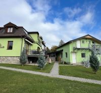 Eine Villa in Štôla, Bezirk Poprad, Region Prešov, Slowakei, mit grüner Fassade und einem sorgfältig gepflegten Garten.