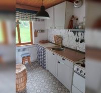 Kompakte Küche in einem Einfamilienhaus mit Retro-Dekor und Holzdecke.