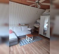 Dachzimmer in einem Einfamilienhaus mit Sofa, Teppich und Holzboden.