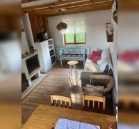 Wohnzimmer in einem Einfamilienhaus mit Kamin, Sessel und Boden in Holzoptik.