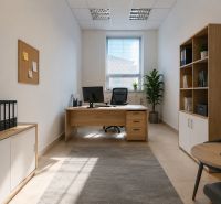 Ein helles Büro mit Holzmöbeln, Teppich, Pflanzen und einem motivierenden Spruch an der Wand.