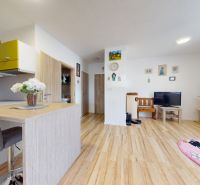 Küche und Wohnzimmer mit Holzboden in einer 3-Zimmer-Wohnung.