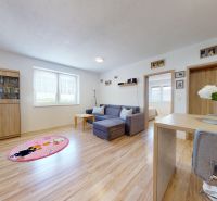 Wohnzimmer in einer 3-Zimmer-Wohnung mit einer Eckcouch und einem Boden in Holzoptik.