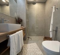 Badezimmer in einem Einfamilienhaus mit offener Dusche, Waschbecken und dekorativer Matte.