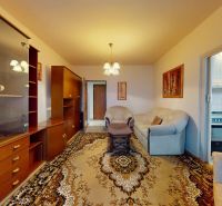 Wohnzimmer einer 3-Zimmer-Wohnung mit Teppichboden, Sofa und Einbauschrank.