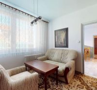 Ein Sofa-Set und ein Sessel mit Teppich in einer 3-Zimmer-Wohnung, an der Wand ein Bild.