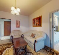 Wohnzimmer in einer 3-Zimmer-Wohnung mit Sofa, Holzschränken und Teppich.