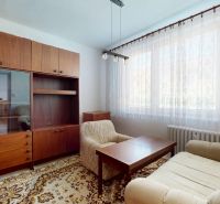 Wohnzimmer in einer 3-Zimmer-Wohnung mit einer Sitzgarnitur, älteren Möbeln und einem großen Fenster.