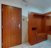 Eingangsbereich in einer 3-Zimmer-Wohnung mit Holzelementen und einer Garderobenwand.
