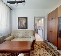 Wohnzimmer mit Sofa, Teppich, Holzwand und Blick in die Küche in einer 3-Zimmer-Wohnung.
