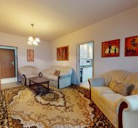 Wohnzimmer in einer 3-Zimmer-Wohnung mit hellen Möbeln und dekorativem Teppich.