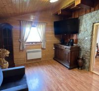 Innenraum einer Hütte mit Holzboden, Fernseher und Steinwand.