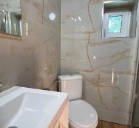 Badezimmer in der Hütte mit Waschbecken, Spiegel, Toilette und Duschkabine, Boden mit Holzdekor.