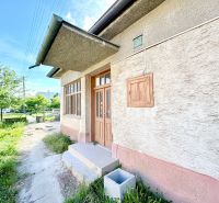 Ein Einfamilienhaus in Šoporňa mit einem Außeneingang und einem grünen Vorgarten.