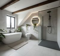 Ein Badezimmer in einem Einfamilienhaus mit Badewanne, Dusche, Pflanzen und Holzbalken an der Decke.
