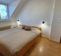 Schlafzimmer in einer 2-Zimmer-Wohnung mit Doppelbett und Boden in Holzoptik.