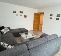 Wohnzimmer in einer Zweizimmerwohnung mit einem bequemen Sofa und einem Glastisch.
