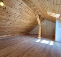 Dachgeschosszimmer in einer 2-Zimmer-Wohnung mit Holzboden und Holzverkleidung.
