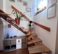 Treppe mit Holzdekor und Zimmerpflanzen in einem Einfamilienhaus.