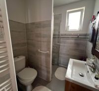 Badezimmer in einem Einfamilienhaus mit Dusche, Waschbecken und Toilette.