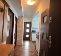 Eingangsflur in einer 3-Zimmer-Wohnung mit Holzboden und Küche im Hintergrund.