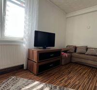Wohnzimmer mit Holzboden, Sofa, Fernseher und Heizkörper in einer 3-Zimmer-Wohnung.
