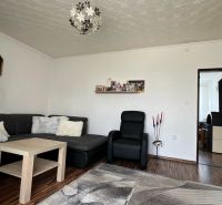 Wohnzimmer in einer 3-Zimmer-Wohnung mit Holzboden, bequemen Sitzgelegenheiten und Dekoration.
