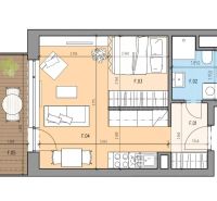 Grundriss einer Einzimmerwohnung mit Terrasse und Grundmöbeln.