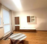 Ferienwohnung mit Holzboden, Möbeln und großem Fenster.