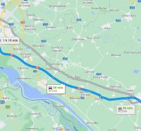 Die Karte zeigt die Strecke von Dunajská Streda nach Bratislava mit dem Auto in 36 Minuten.
