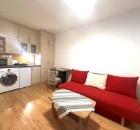 Ferienwohnung mit rotem Sofa, Kochnische und Boden mit Holzdekor.